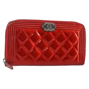 CHANEL Boy Chanel Long Wallet Patent leather Red Silver CC Auth 143150